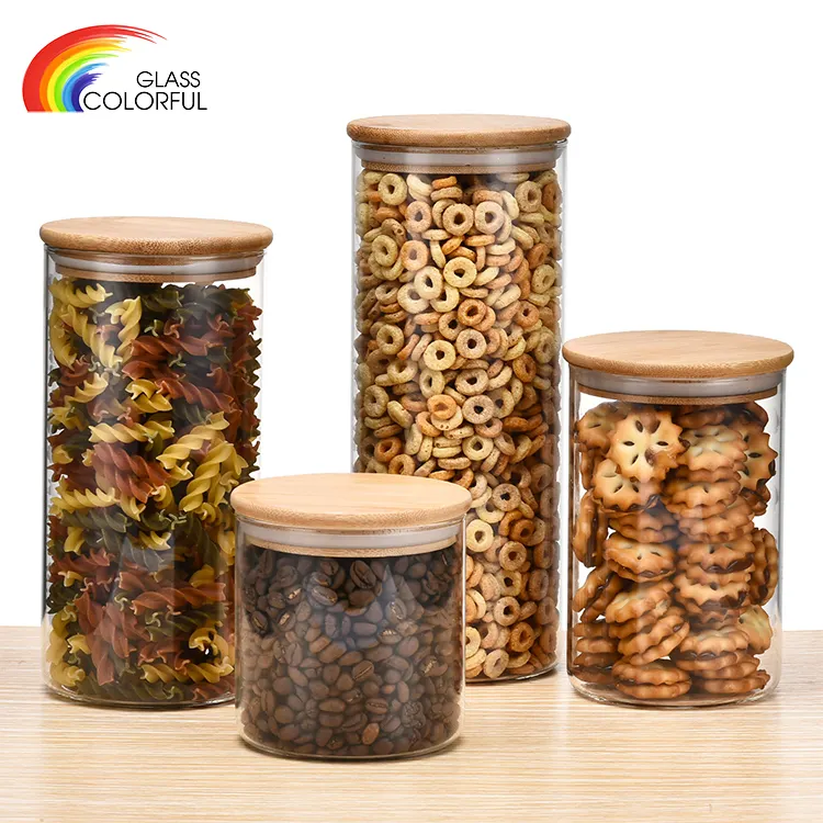 Borosilicate kitchen storage glass jar food container with bamboo lid high borosilicate glass airtight food storage