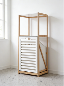 Scaffale <span class=keywords><strong>Salvaspazio</strong></span> Moderno in Bambù con Cesto Estraibile, Organizzatore Autoportante Alto per Bagno, Lavanderia e Camera da Letto - Product Image 4