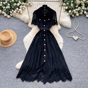 Robe élégante chic en dentelle française à manches courtes, cintrée à la taille, coupe trapèze pour femme - Product Image 6