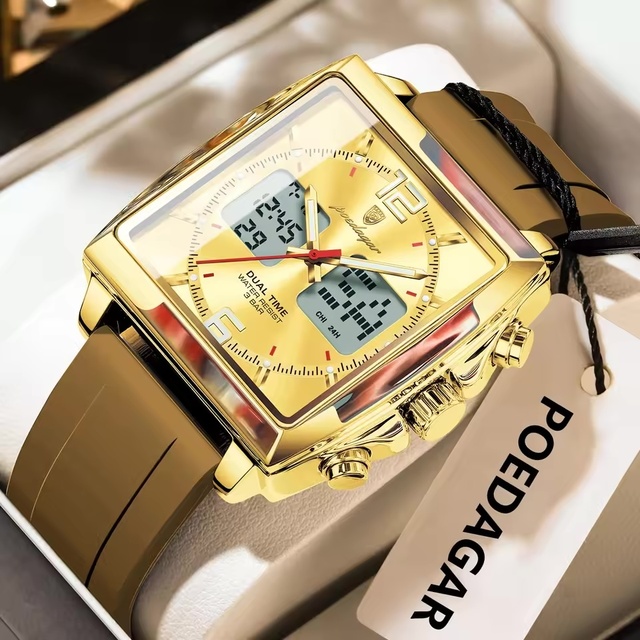 POEDAGAR 109 Luxury Top Man Watch Electronic Square LED Alarm Chronograph Watches Week Date Dual Time Display Men Quartz Clock