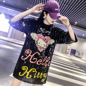 Abito Personalizzato da Donna con Paillettes Nere Mickey, Vestito a <span class=keywords><strong>Maniche</strong></span> <span class=keywords><strong>Corte</strong></span> in Jersey con Paillettes, Camicetta - Product Image 3