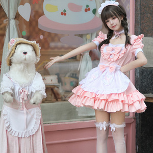 Pink Maid Costume Women Adult Cosplay Dress Role Playing Soft Girl Uniform Set With Bow And Apron - Product Image 3
