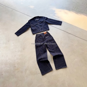 Manufacturer Custom High Quality 2 Piece Denim Jacket and Jeans <b>Pants</b> Set Luxury Men's Heavyweight Baggy Raw Denim Jeans Set - Product Image 2