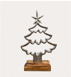 Handcrafted Antique Silver Aluminum Metal <b>Christmas</b> <b>Tree</b> Sculpture with Sturdy Wooden <b>Base</b> <b>For</b> Modern Home Holiday Tabletop - Product Image 1