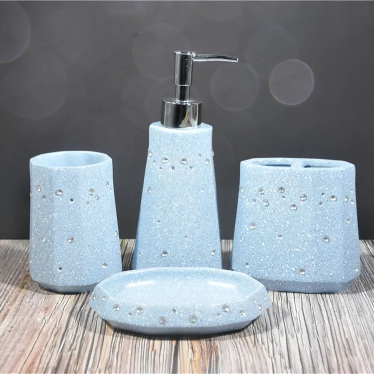 New design blue resin bath set 2021 new arrival bathroom accessory with diamond decoration