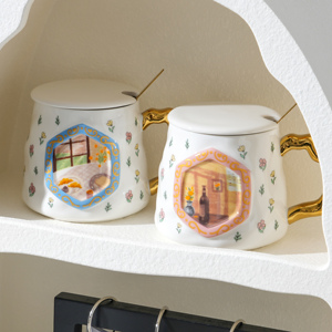 Tasse à café en grès céramique 390 ml, décorée par un peintre à l'huile vintage, idéale pour la Saint-Valentin - Product Image 3