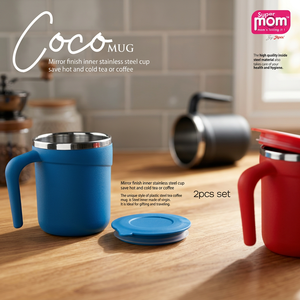 Anax Double-Wall Stainless Steel Coco Mug Set Lid (2 Pcs) Premium Virgin <b>Plastic</b> Outer Body Ergonomic Handle Model ANAX 0512 - Product Image 4