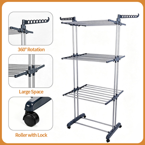 Space-saving Multilayer Foldable Adjustable Stainless Steel <b>Clothes</b> Drying Stand with Lockable Universal Casters for Indoor - Product Image 3