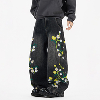 Pantalons en jean à jambe large et ample pour hommes et femmes, tendance, marque rétro, broderie de plantes et de fleurs, coupe incurvée