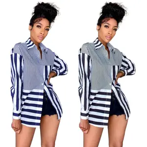 Fall Spring Casual Fashion Personality Stripe Long Sleeve Contrast Color Tops Blouses Ladies Women'S Blouses & Shirts