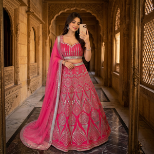 Lehenga Choli en soie rose Rani tendance, broderie géométrique miroir, choli à col cœur, bordure en dentelle argentée lourde, foulard - Product Image 1
