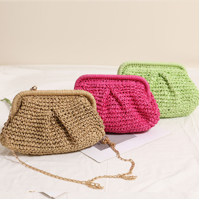 Wholesale Solid Color Hand-held Woven Bag Handmade Crochet Crossbody Bags Lady Straw Clutches Summer Womens Beach Shoulder Bag