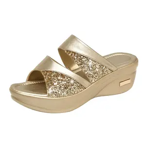 2024 Summer Fashion Pu Leather Peep Toe Women Slippers Slip On Thick Soled Sequins Wedge Medium Heel Ladies Sandals