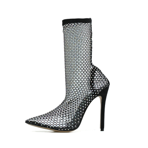 Summer Mesh Sandals Boots Black Mesh Sexy Open Toe Women's Shoes Rhinestone Stiletto High Heels - Product Image 6