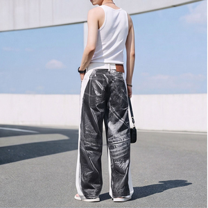 Pantalon en jean rétro de haute qualité, imprimé en 3D, color-block, coupe droite décontractée et élégante, jambe large - Product Image 3