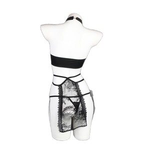 Ensemble de lingerie sexy pour femmes, ensemble Cheongsam en dentelle transparente à col halter, 8808, ensemble soutien-gorge et culotte noirs - Product Image 4