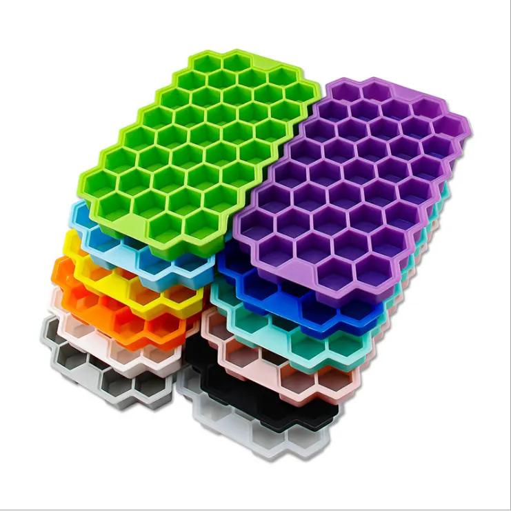도매 BPA 무료 37 구멍 벌집 모양 식품 학년 실리콘 아이스 큐브 메이커 트레이 금형 뚜껑