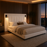Lit plateforme rembourré avec tête de lit à volants, capitonnage vertical, cadre en acier inoxydable, port de charge USB, tissu moderne