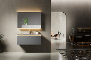 Mobile Bagno Moderno da Parete con Lavabo in Pietra, <span class=keywords><strong>Specchio</strong></span> Incluso, Materiale in Alluminio <span class=keywords><strong>Cellulare</strong></span>, Scarico in Rame, per Appartamenti e Ville - Product Image 4