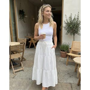 FOXA Women's Breathable Tiered A-Line Maxi <b>Skirt</b> High Waist Ruffles Flowy Cotton with Pockets <b>Boho</b> Summer - Product Image 4
