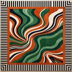 Abstract Square Area <b>Rug</b> with Green Orange Waves Tufted Wool Acrylic Non-Slip Latex Backing for Living Room - Product Image 2