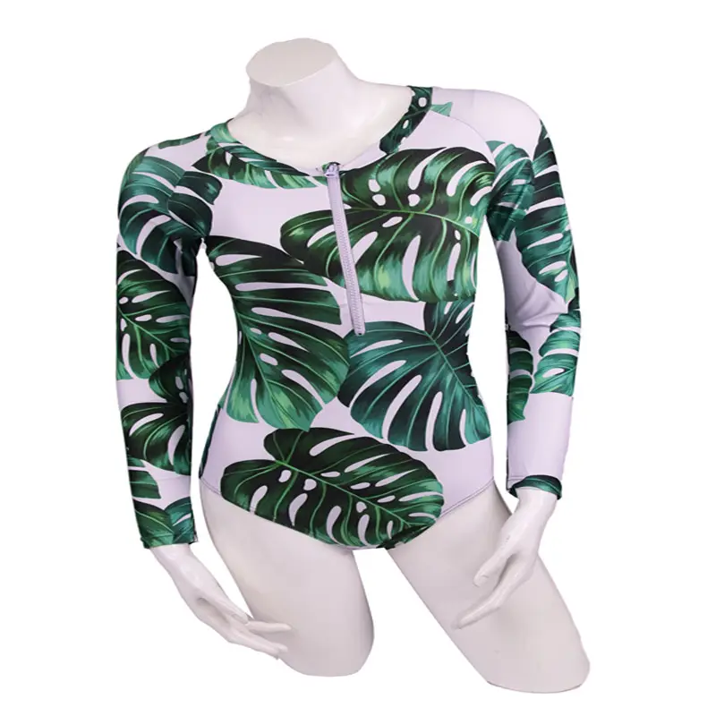 UPF 50+ AOP sublimated print ladies long sleeve swimming rashguard surf one piece with zipper at front center and solid panel