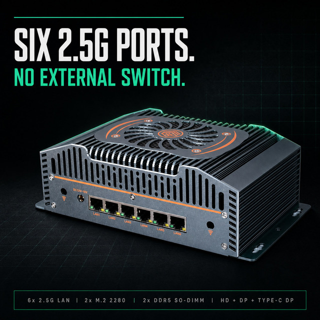 Multi-LAN Industrial Computer, 6x 2.5G LAN, Intel 12th 13th Gen U P, HD DP Type-C DP, 4x USB, 2x M.2 2280, DC 12-19V