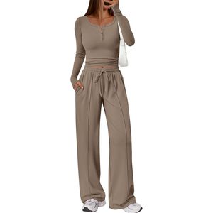 Women's 2 Piece Matching Lounge Set Full Sleeve Knitted Spandex Cotton Breathable Wide Leg Pants Top Daily Wear Outfit - Product Image 1