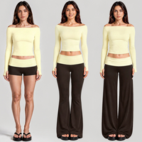Haut à épaules dénudées à manches longues et pantalon évasé à taille pliée, ensemble 2 pièces assorti pour femme, couleur contrastante, NOUVEAU
