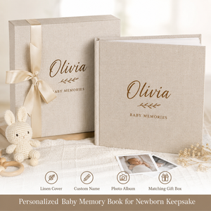 <span class=keywords><strong>Livre</strong></span> de souvenirs pour bébé en lin personnalisé, album photo pour les étapes importantes du nouveau-né avec boîte cadeau assortie, journal souvenir - Product Image 1