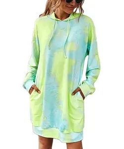 cotton fleece Tie dye women's long sweatshirt oversized hooded dress with pocket winter clothes ladies