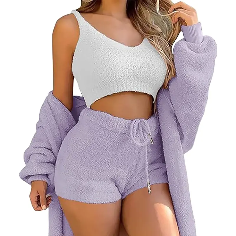 OEM 3-teiliges Lounge-Set für Damen Thermal Summer Pyjamas mit Fuzzy Sherpa Jacke Spaghetti träger Crop Top Warm gestrickte Nachtwäsche