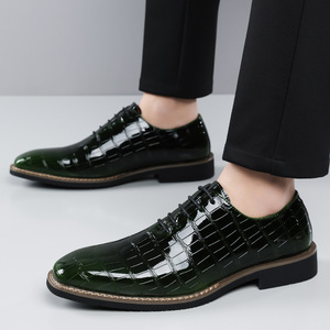 Zapatos de Vestir de Cuero para Hombre de Alta Calidad 2026, Zapatos Oxford de Charol con Punta en Pico, Estampado de Cocodrilo Verde, con Cordones - Product Image 1