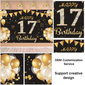 Bannière d'anniversaire personnalisée 70.8x43in 17th noir or ballon thème fête fond tapisserie garçon fille anniversaire toile de fond bannière - Product Image 3