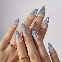 Faux ongles à presser en acrylique, forme amande, French manucure, effet papillon 3D irisé, perle, dégradé œil-de-chat argent-gris, thème vacances en bord de mer