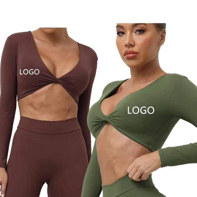 2023 New Women'S Clothing Ropa Deportiva Mujer Front Twist Yoga Tops Activewear Workout Long Sleeve Crop Top De Mujer