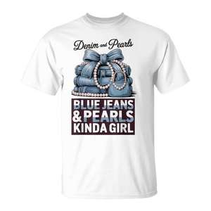 Camiseta Denim And Pearls con diseño de vaqueros y perlas para chica - Product Image 1