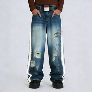 Pantalones <span class=keywords><strong>Vaqueros</strong></span> de Algodón <span class=keywords><strong>para</strong></span> <span class=keywords><strong>Hombre</strong></span> al por Mayor, Modernos, <span class=keywords><strong>con</strong></span> Rayas Blancas, Tachuelas, Rotos, Rectos, Lavados y Bordados, Suministro Directo de Fábrica - Product Image 2