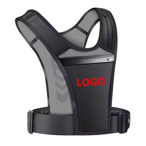 Chaleco Deportivo Transpirable Reflectante Negro Personalizado Ajustable para Entrenamiento y Correr con Soporte para Teléfono en el Pecho y Bolsillos para Botella - Product Image 1