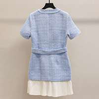 Femmes printemps nouveau Style français Mini robe anti-âge taille de trajet couture Tweed plissé laine bouton Viscose ceinture
