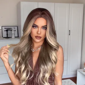 New Fashion High Quality Wigs Long Red Brown Root Blonde Highlight Body Wavy Synthetic Wigs for White Women