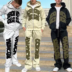 QIANSHI Custom Oversized Sweatsuit Cotton Tracksuit High Quality Distressed Applique Embroidery Flared Sweatpants And Hoodie Set