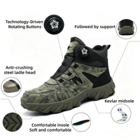 Nouvelles chaussures de sécurité pour hommes à bouton rotatif tendance, semelle extérieure en caoutchouc de haute qualité, embout en acier, chaussures de travail résistantes à l'usure