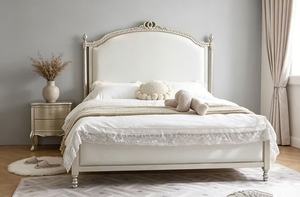 Premium Queen Size Silver Finish <b>Bed</b> With Cream Upholstered Ornate Carved Headboard For Princess Bedroom - Product Image 4