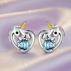 E423 Blue <b>Unicorn</b> Stud Earrings Women's Alloy Gold Plated Blue Gemstone Round Brilliant Cut Claw Setting <b>Gift</b> Jewelry - Product Image 2