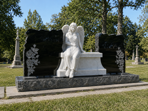 Monument funéraire moderne en granit chinois blanc Union STONE avec ailes et double cœur, pierre tombale en forme de cœur, ange, pour cimetière - Product Image 5