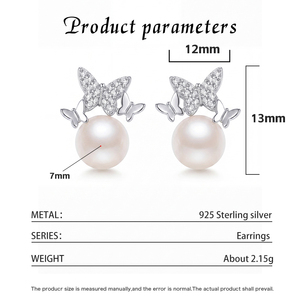 S925 <b>Silver</b> CZ Butterfly Freshwater Pearl <b>Stud</b> Earrings Cute Elegant Jewelry Gift for Women Girls - Product Image 5