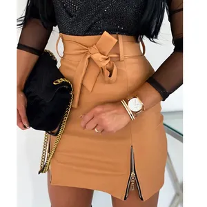 Fashion Women Skirt Mini Slim Skirt High Waist Office Ladies PU Leather Double Zipper Pencil Bodycon Belt Casual Skirt