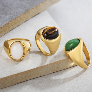 Venta al por mayor minimalista estilo callejero 18K chapado en oro joyería de acero inoxidable geométrico ovalado verde ágata Ojo de Tigre anillo de piedra - Product Image 3
