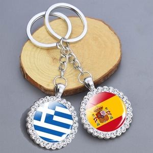 European Flag Keychain Pendant Rhinestone Commemorative Glass Jewelry Light Metal Spanish Russian Ukrainian Greek Plastic